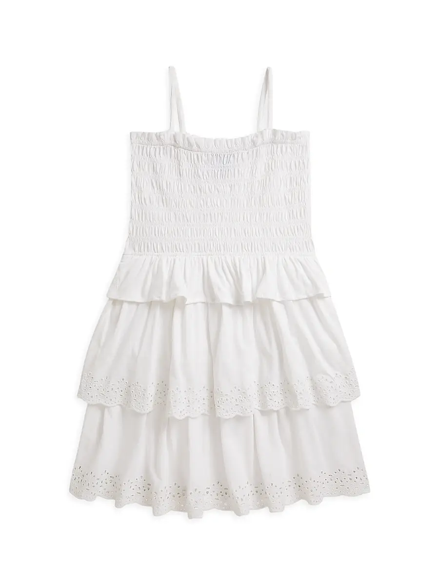 Polo Ralph Lauren Little Girl's & Girl's Girl's Tiered Smocked Cotton Jersey Dress - White | Image 1 Polo Ralph Lauren Little Girl's & Girl's Girl's Tiered Smocked Cotton Jersey Dress - White | Image 1