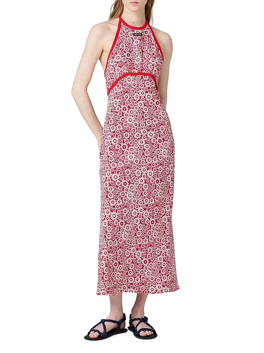 Miu Miu Women's Long Floral Print Crepe De Chine Dress - Red | Thumbnail 2 Miu Miu Women's Long Floral Print Crepe De Chine Dress - Red | Thumbnail 2