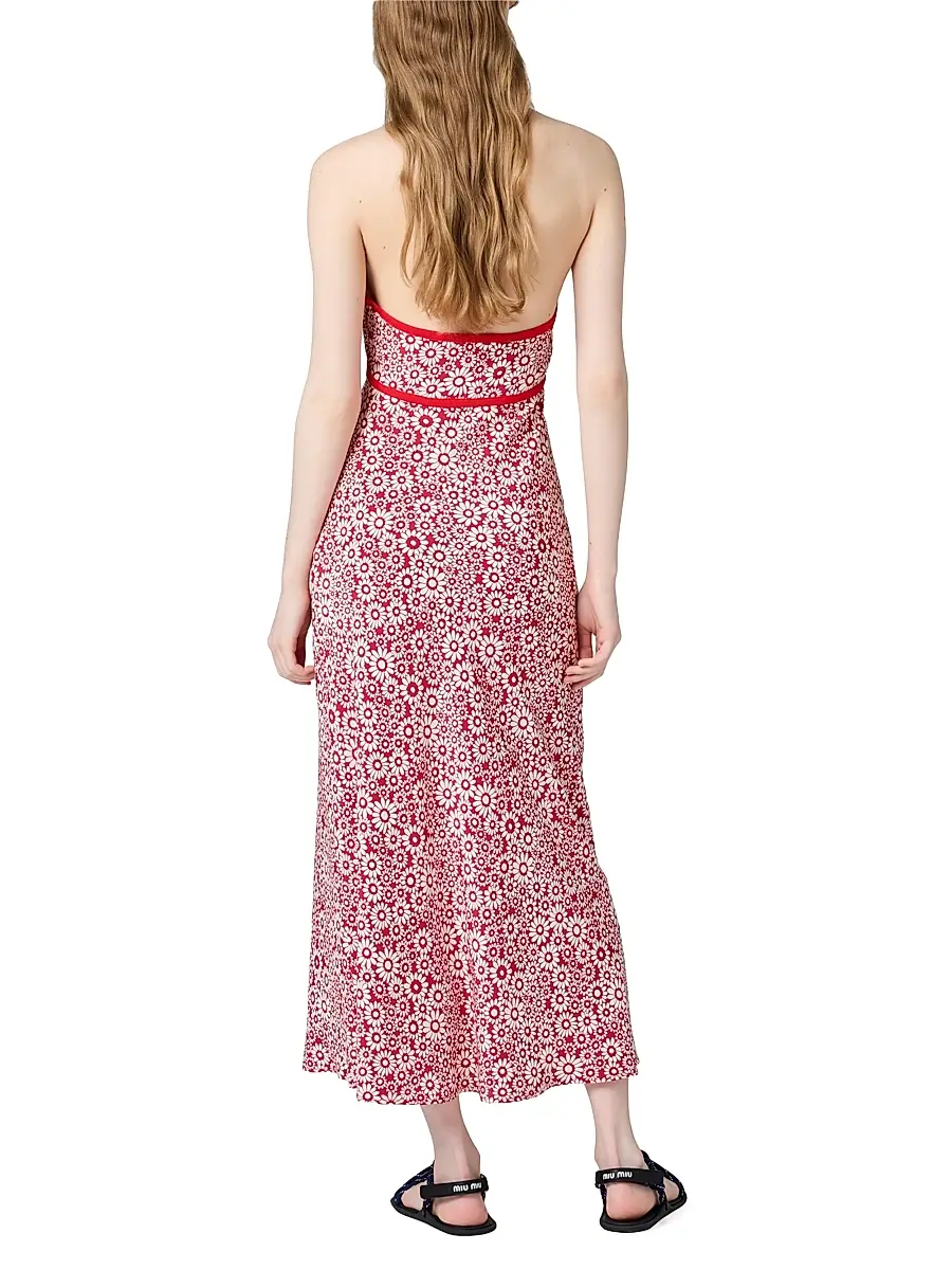 Miu Miu Women's Long Floral Print Crepe De Chine Dress - Red | Thumbnail 3 Miu Miu Women's Long Floral Print Crepe De Chine Dress - Red | Thumbnail 3
