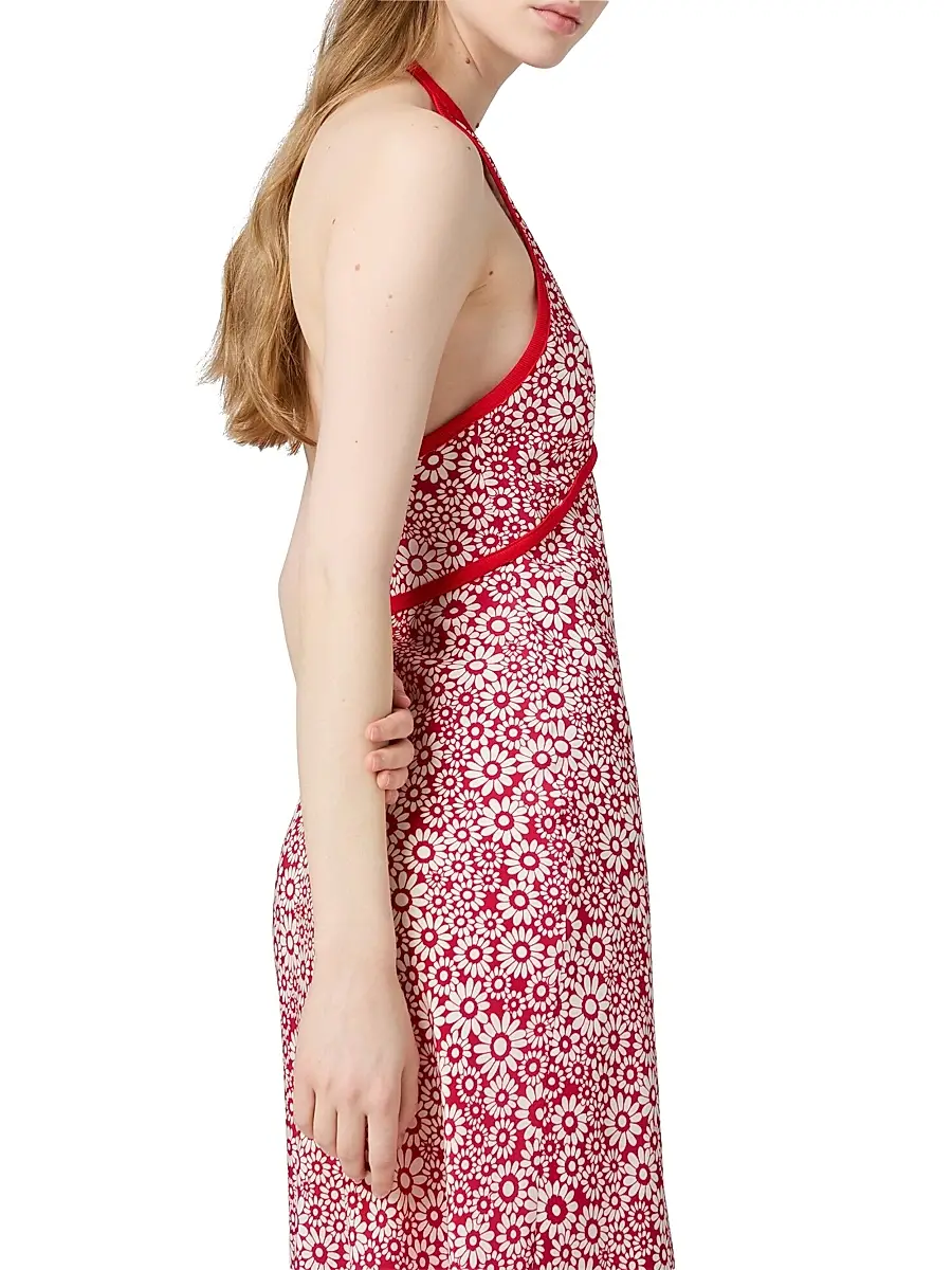 Miu Miu Women's Long Floral Print Crepe De Chine Dress - Red | Thumbnail 4 Miu Miu Women's Long Floral Print Crepe De Chine Dress - Red | Thumbnail 4