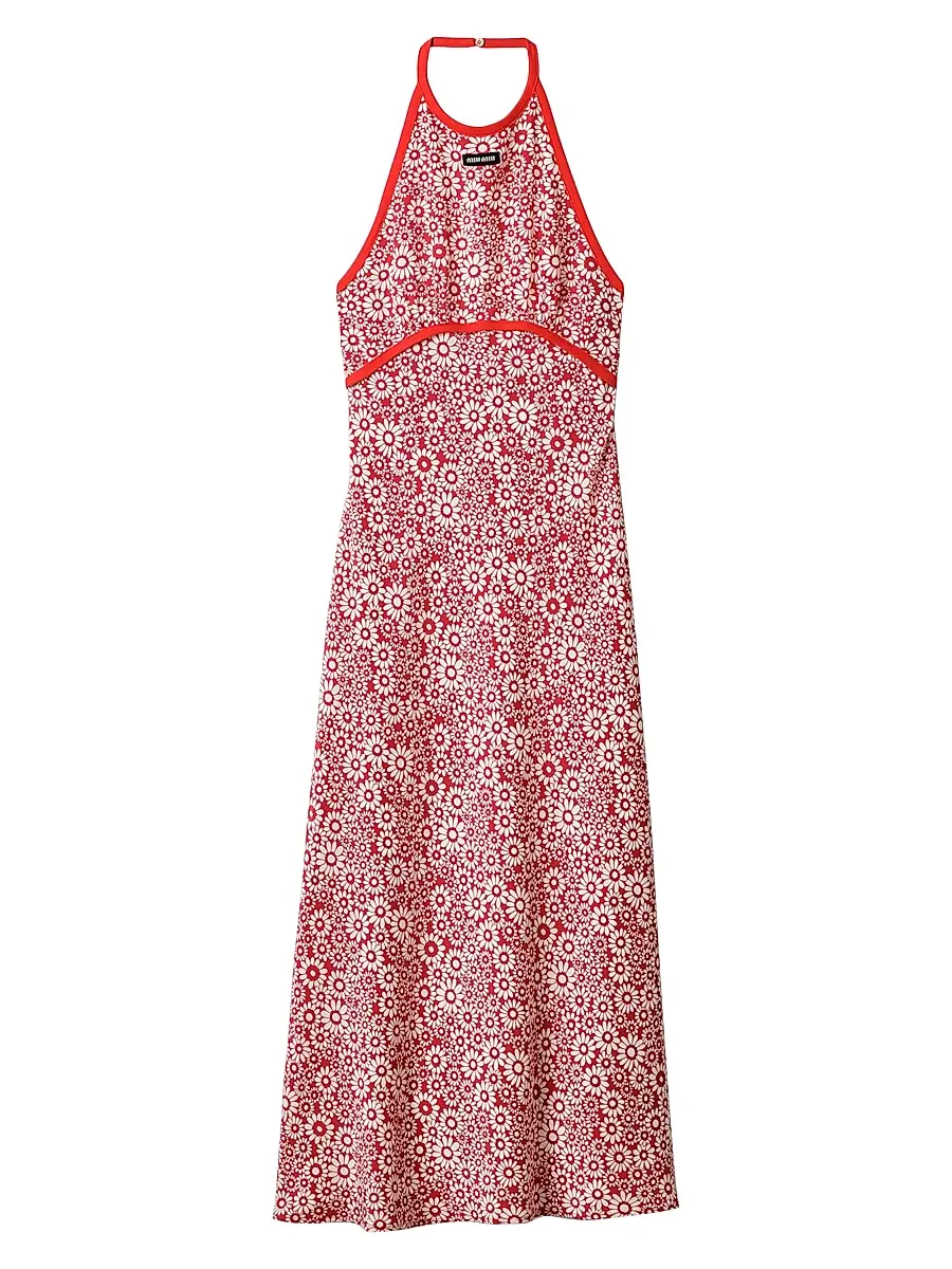 Women's Long Floral Print Crepe De Chine Dress - Red