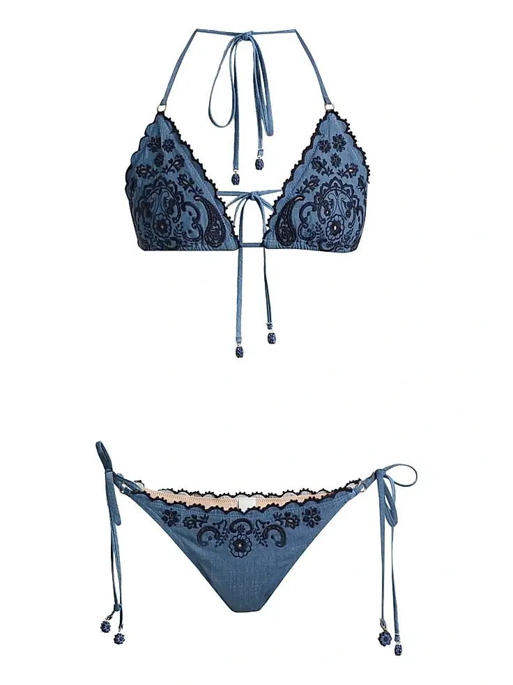 Zimmermann Women's Aster Embroidered Denim Bikini