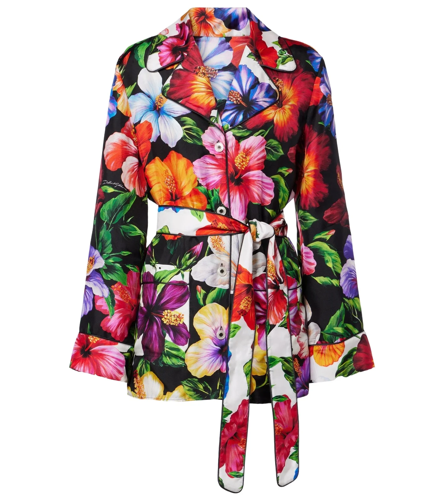 Belted floral silk shirt