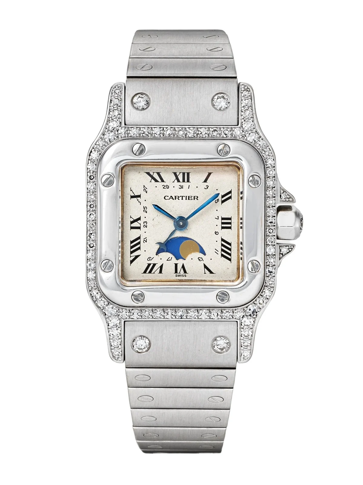 + Cartier Vintage 1980s Santos Galbée Moonphase 18-karat White Gold And Diamond Watch, Ref. 9800 (6.2'' Wrist) + Cartier Vintage 1980s Santos Galbée Moonphase 18-karat White Gold And Diamond Watch, Ref. 9800 (6.2'' Wrist)