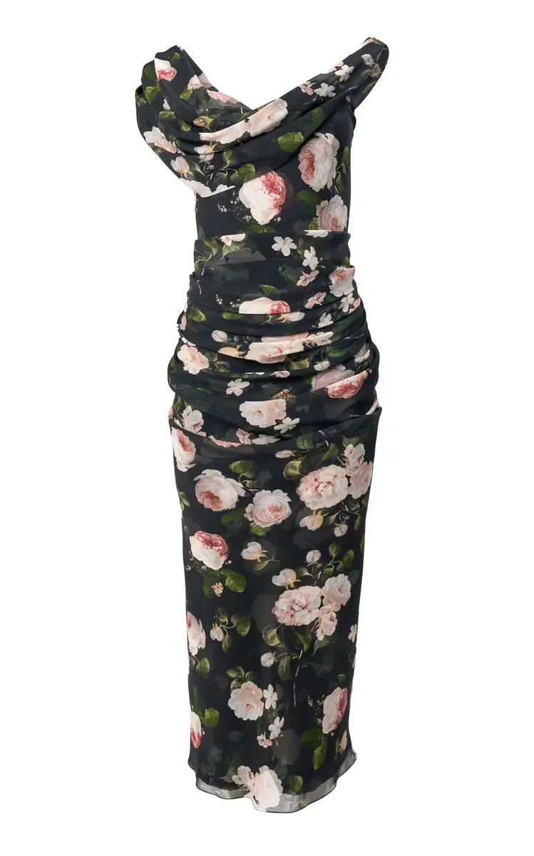 Off-The-Shoulder Draped Silk Midi Dress