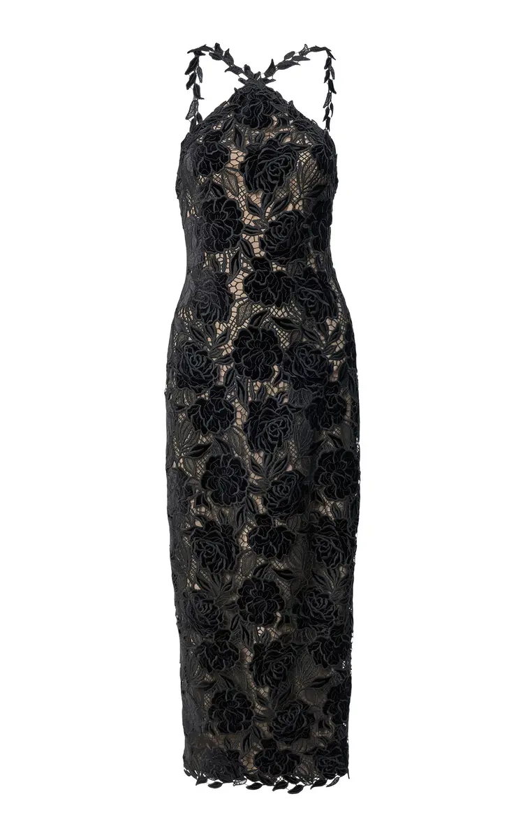 Carolina Herrera Rose Velvet Lace Midi Dress