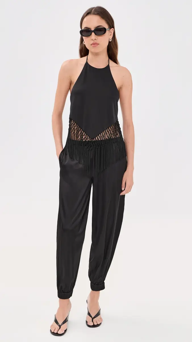 ALICE + OLIVIA Greta Halter Tie Back Handkerchief Top Black | Thumbnail 5 ALICE + OLIVIA Greta Halter Tie Back Handkerchief Top Black | Thumbnail 5