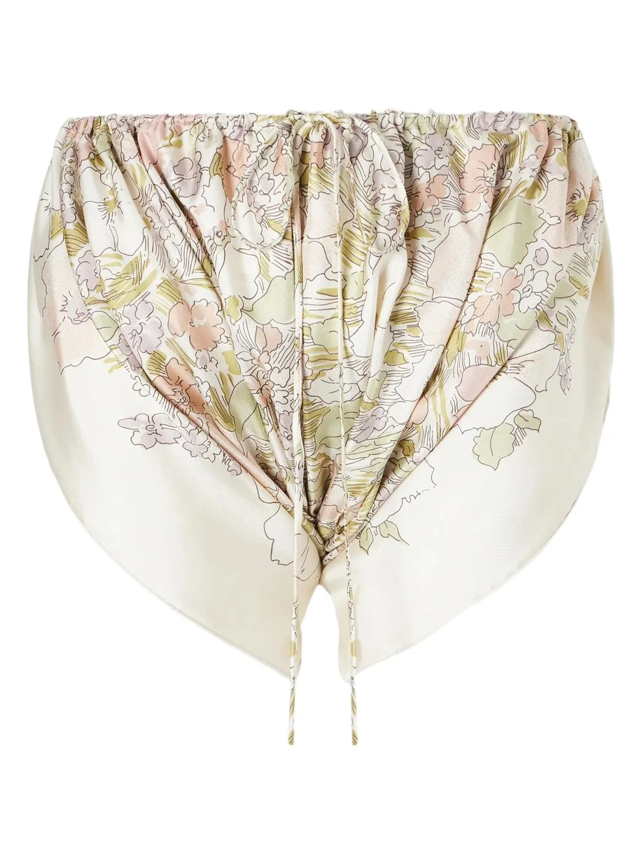 Ruched Floral-print Silk Mini Shorts