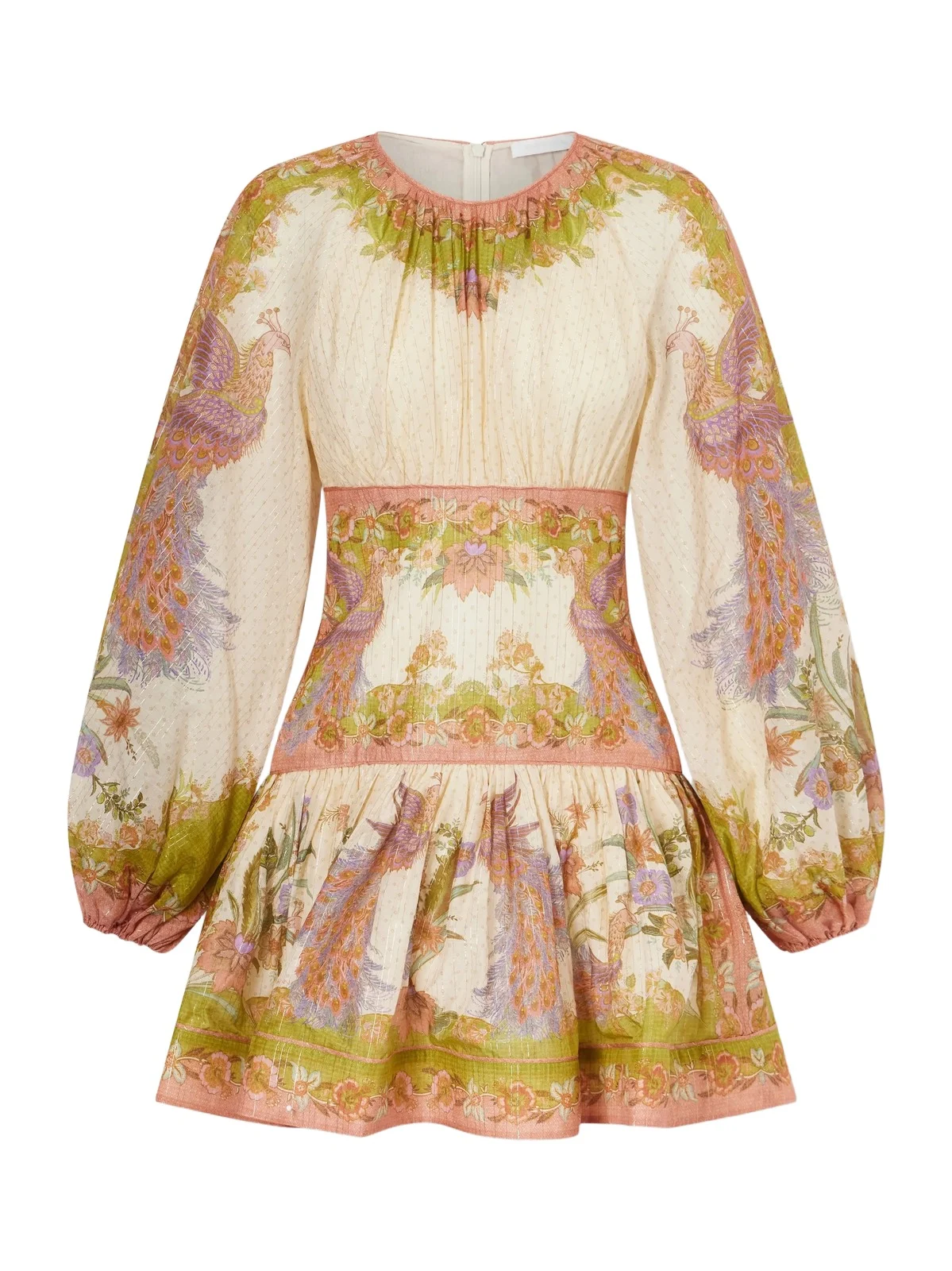 Zimmermann Indra Gathered Floral-print Metallic Cotton And Silk-blend Chartreuse Mini Dress