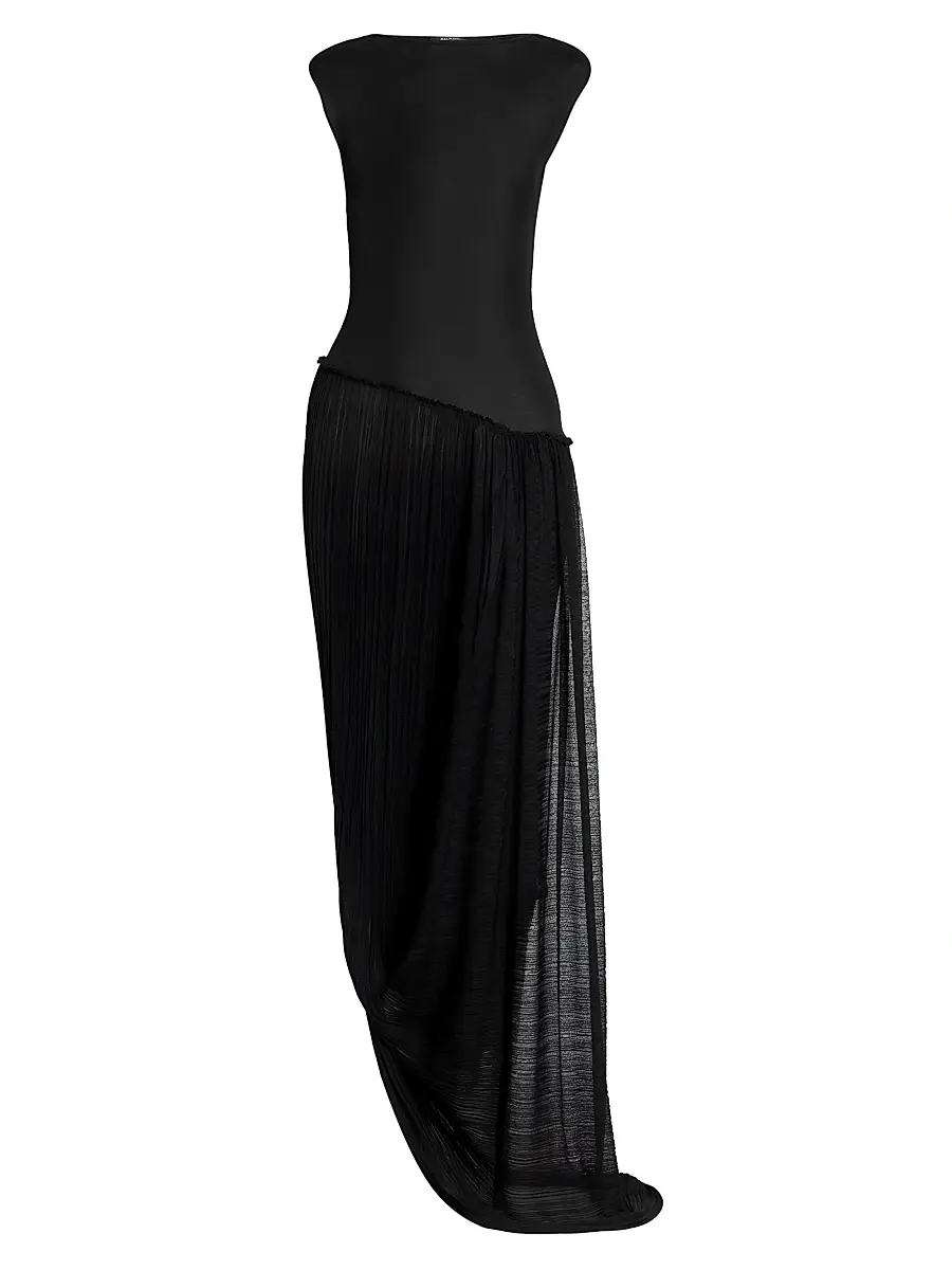 Balmain Women's Sheer Asymmetric Maxi Gown - Noir | Image 1 Balmain Women's Sheer Asymmetric Maxi Gown - Noir | Image 1