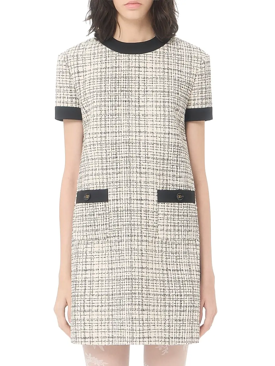 Valentino Women's Short Dress in Square Tweed - Vanilla Black | Thumbnail 3