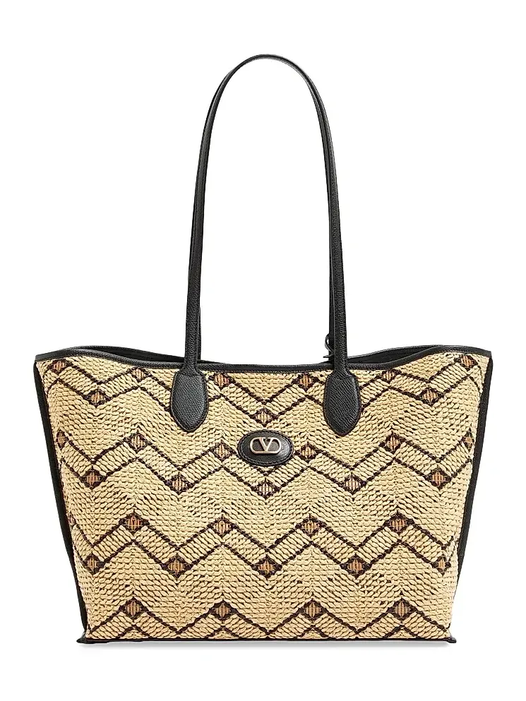 Valentino Women's Raffia Tote Bag with Geometric Pattern - Natural Black