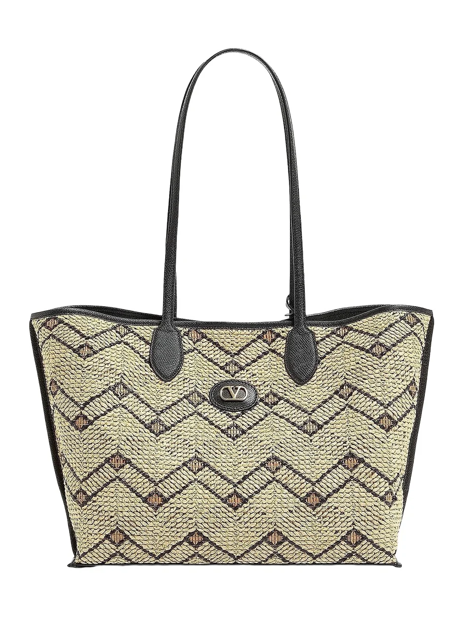 Women's Raffia Tote Bag with Geometric Pattern - Natural Black Women's Raffia Tote Bag with Geometric Pattern - Natural Black