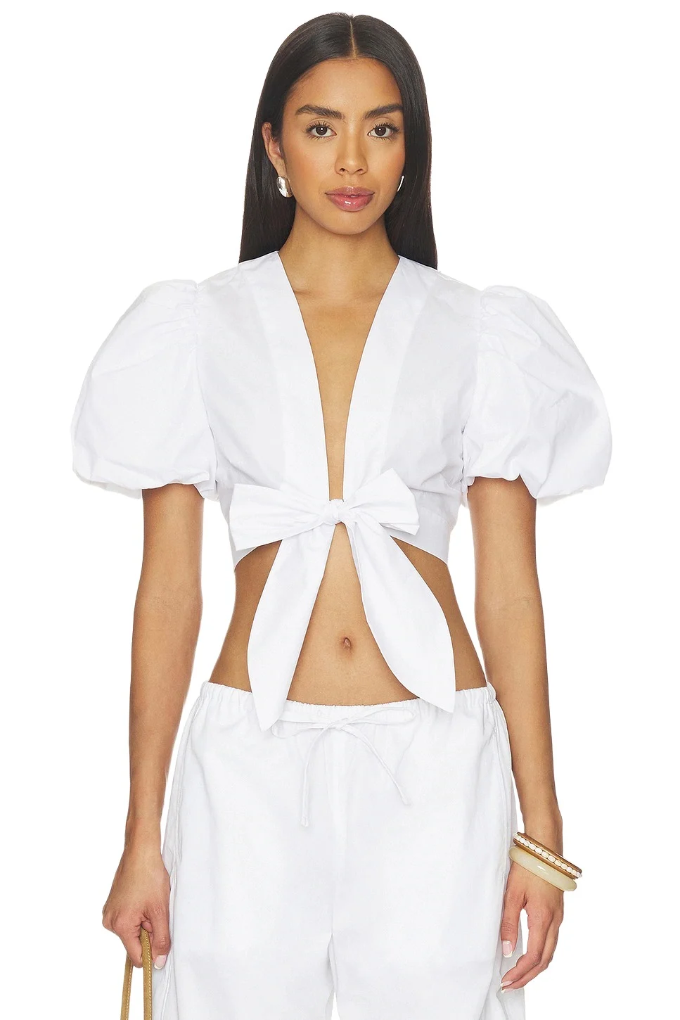 susana monaco Poplin Bubble Sleeve Tie Front Top
