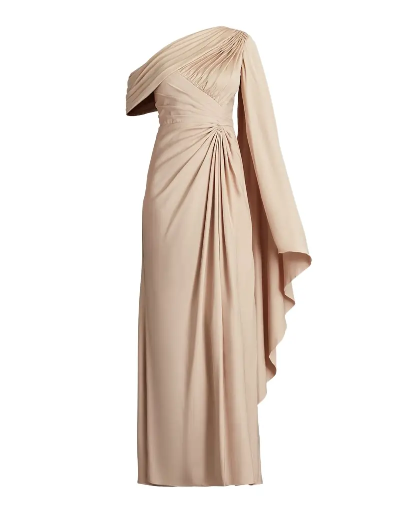 Pleated One-Shoulder Cape Gown