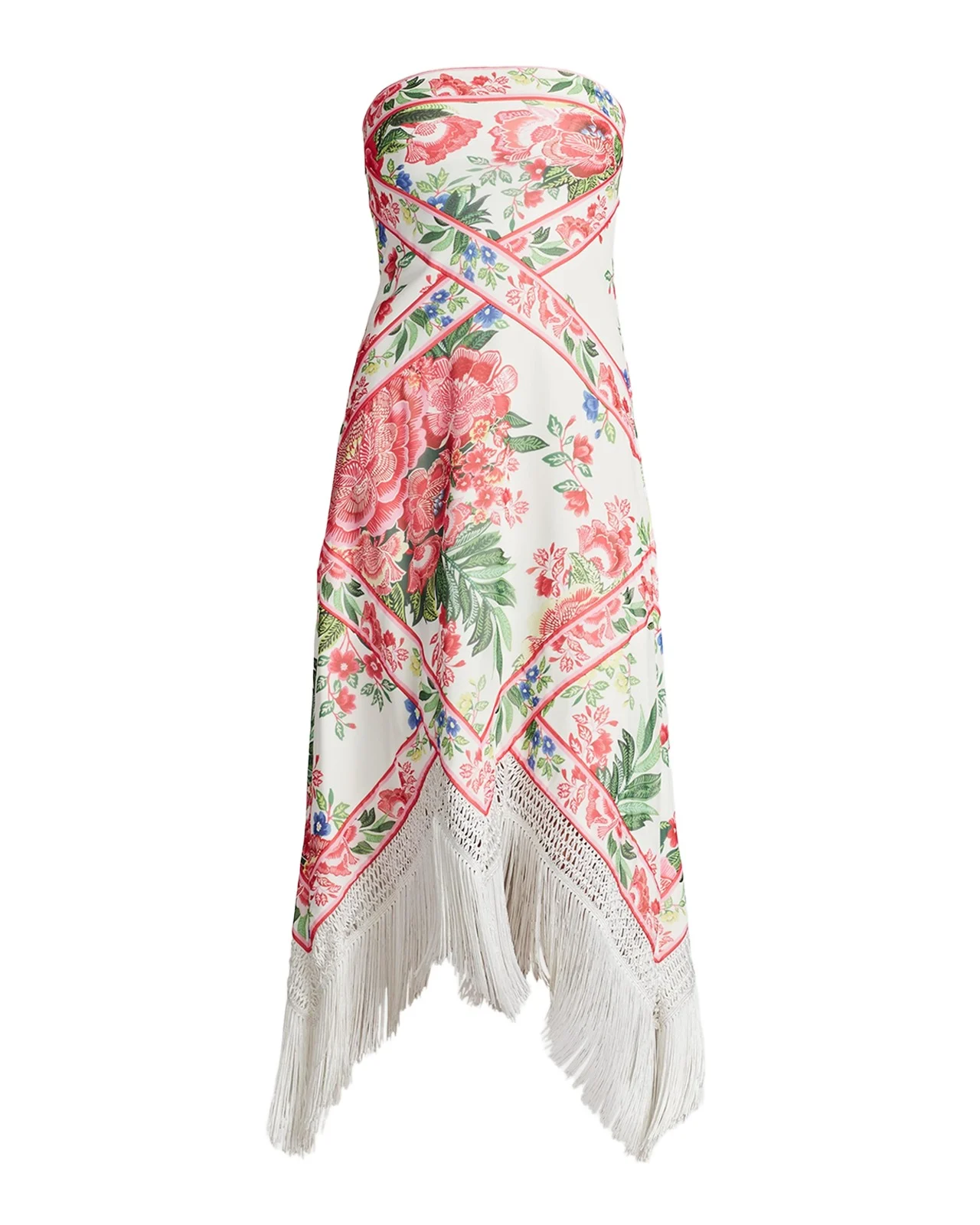 Strapless Floral-Print Fringe Midi Dress