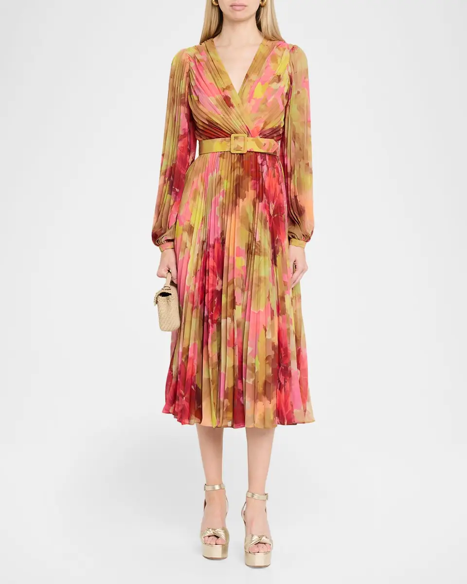 BADGLEY MISCHKA Pleated Floral-Print Georgette Midi Dress | Thumbnail 2