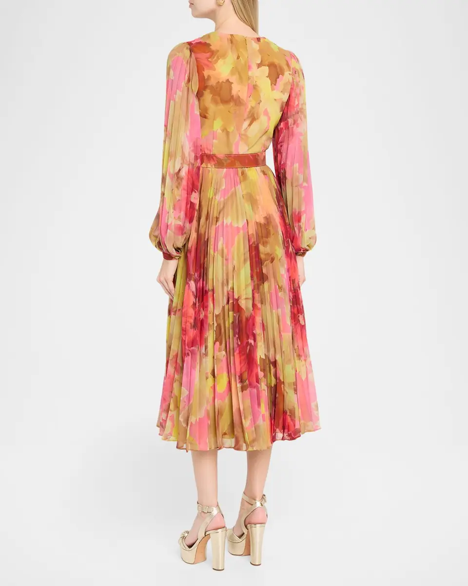 BADGLEY MISCHKA Pleated Floral-Print Georgette Midi Dress | Thumbnail 3