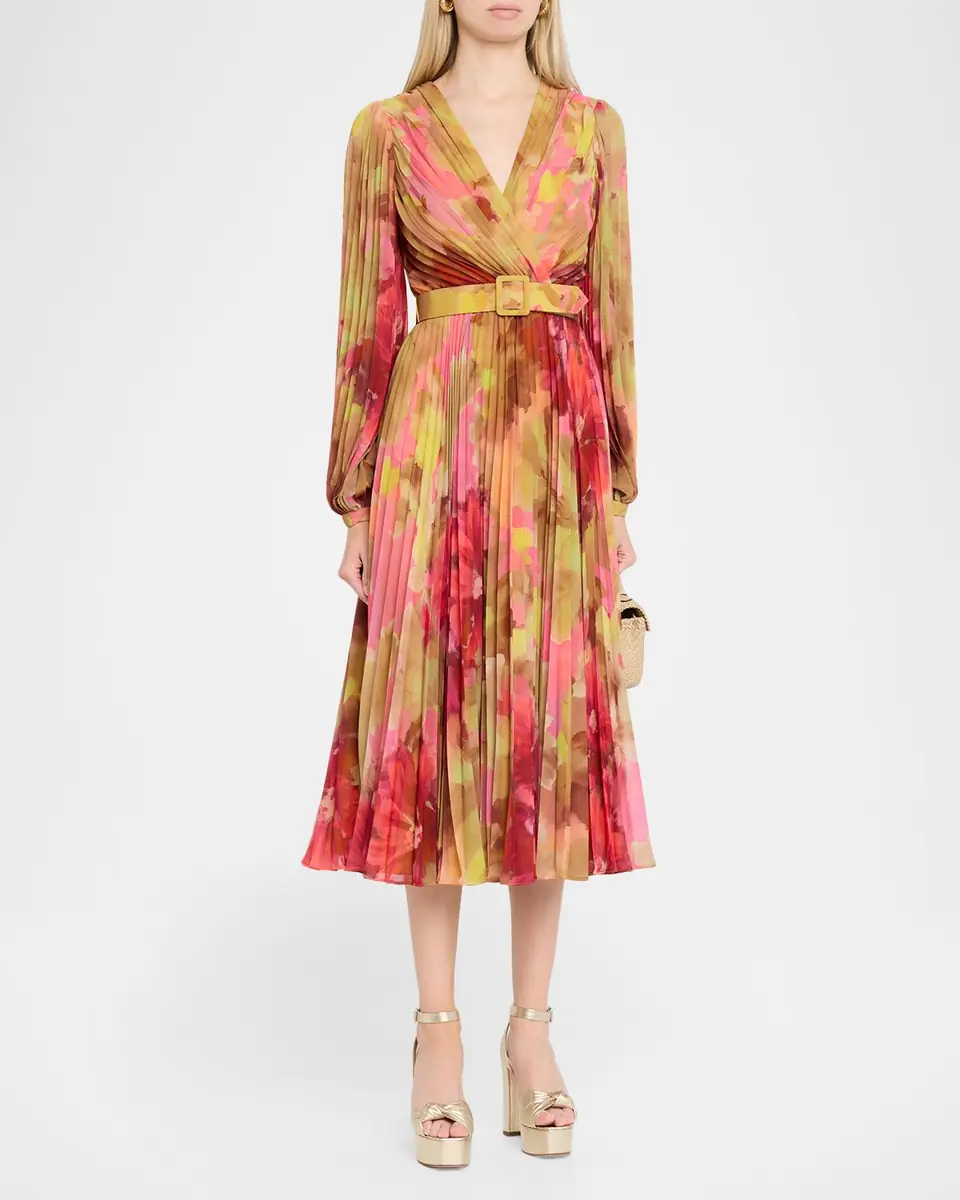 BADGLEY MISCHKA Pleated Floral-Print Georgette Midi Dress | Thumbnail 4