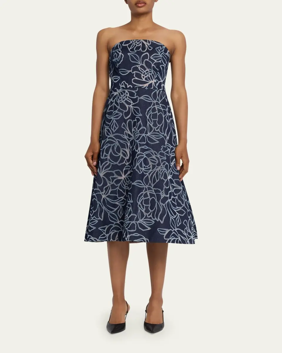 Rickie Freeman for Teri Jon Strapless Floral Burnout Denim Midi Dress | Thumbnail 2 Rickie Freeman for Teri Jon Strapless Floral Burnout Denim Midi Dress | Thumbnail 2