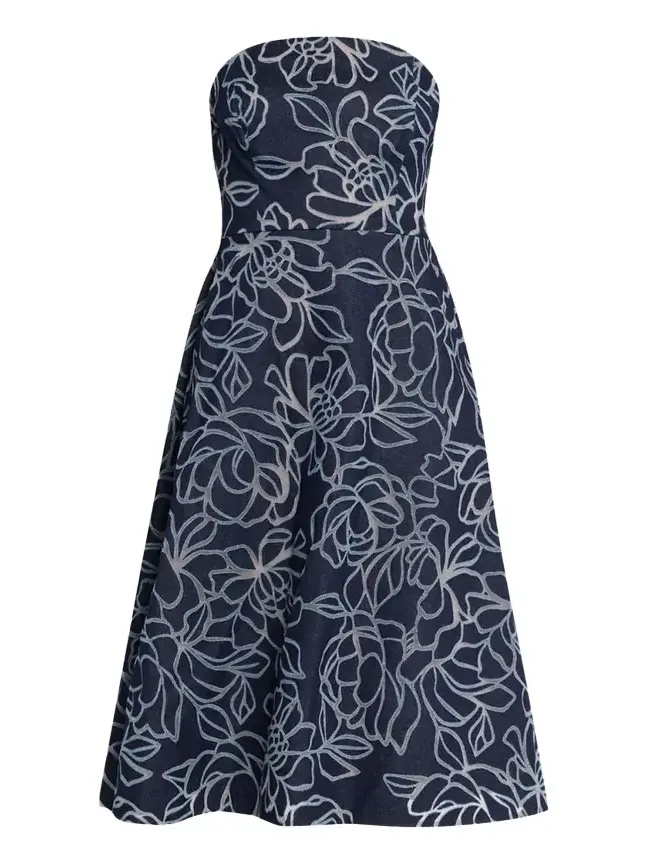 Strapless Floral Burnout Denim Midi Dress Strapless Floral Burnout Denim Midi Dress