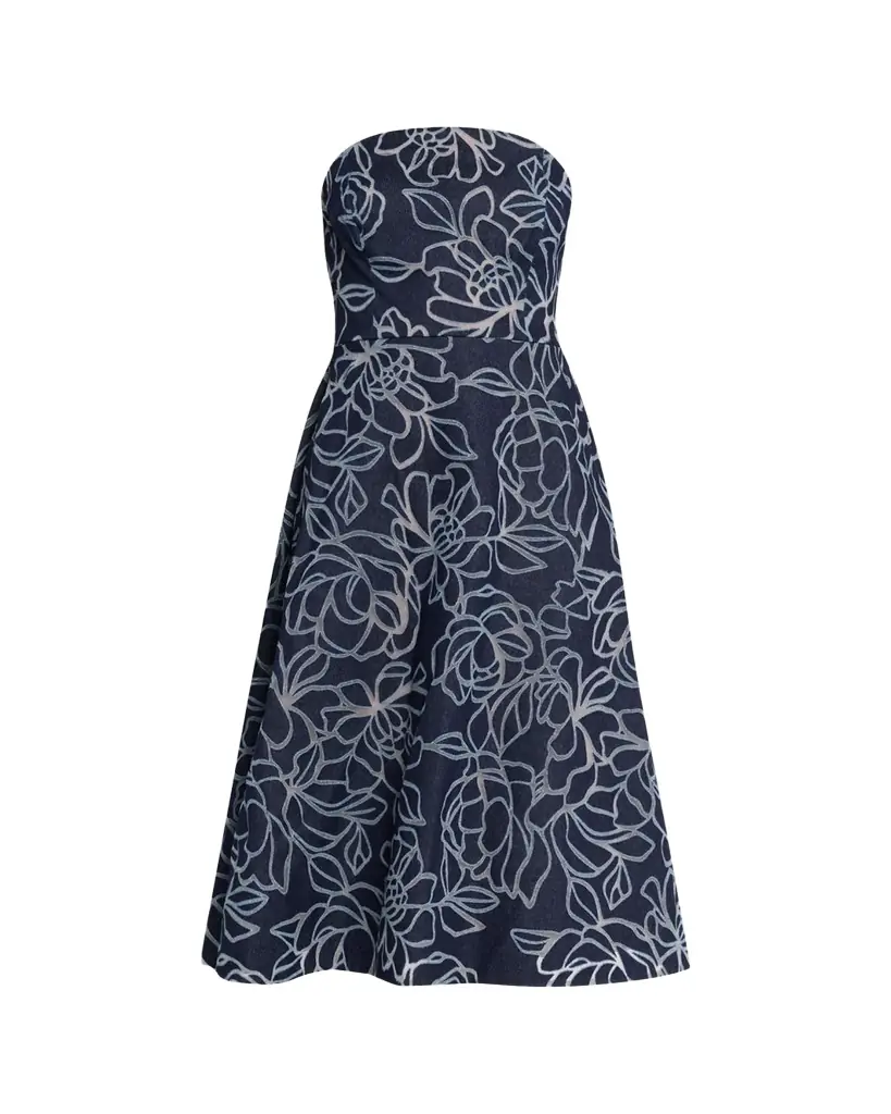 Rickie Freeman for Teri Jon Strapless Floral Burnout Denim Midi Dress | Image 1 Rickie Freeman for Teri Jon Strapless Floral Burnout Denim Midi Dress | Image 1