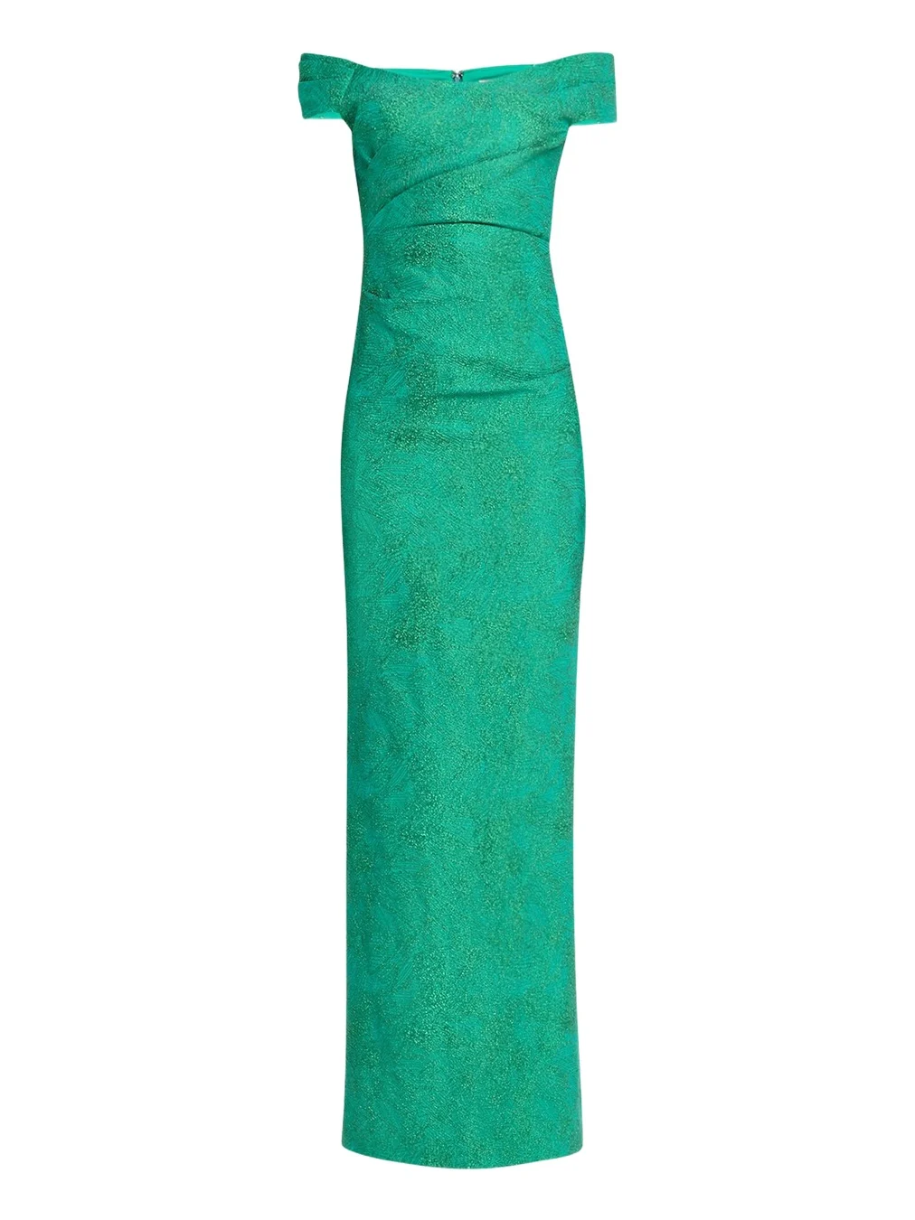 Rickie Freeman for Teri Jon Off-Shoulder Metallic Jacquard Column Gown