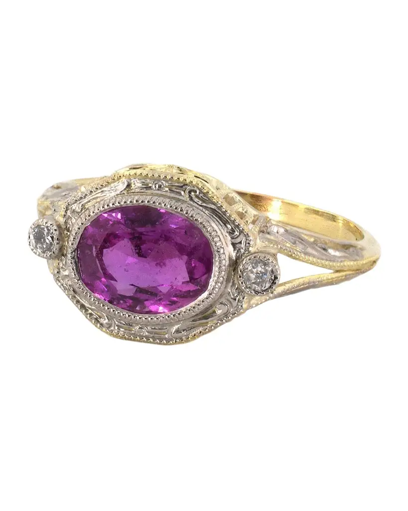 NM Estate Estate 14K Yellow Gold Diamond and Pink Sapphire Edwardian Ring, Size 6.25 | Image 1 NM Estate Estate 14K Yellow Gold Diamond and Pink Sapphire Edwardian Ring, Size 6.25 | Image 1