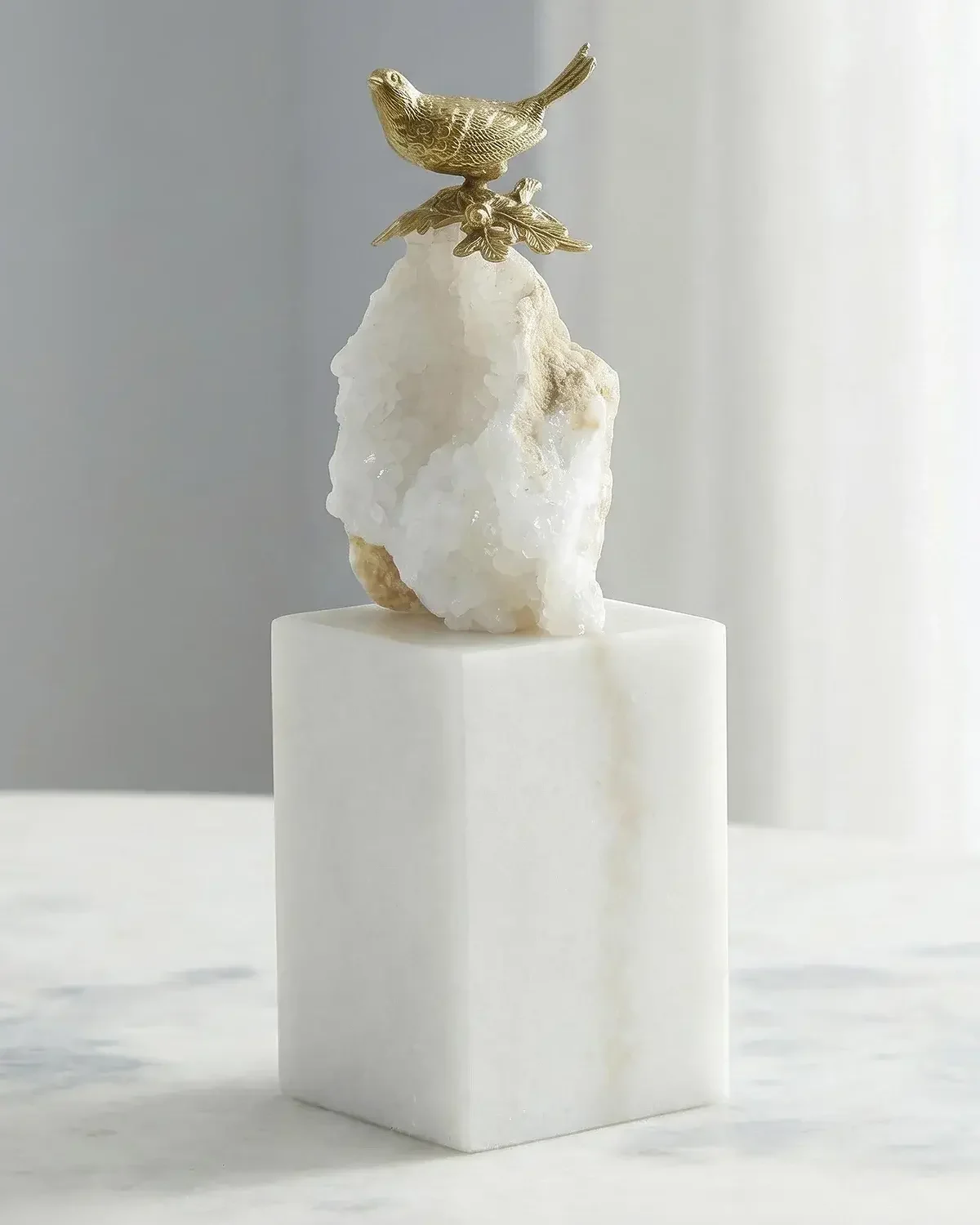 John-Richard Collection Brass Bird and Quartz Sculpture on Marble, Large