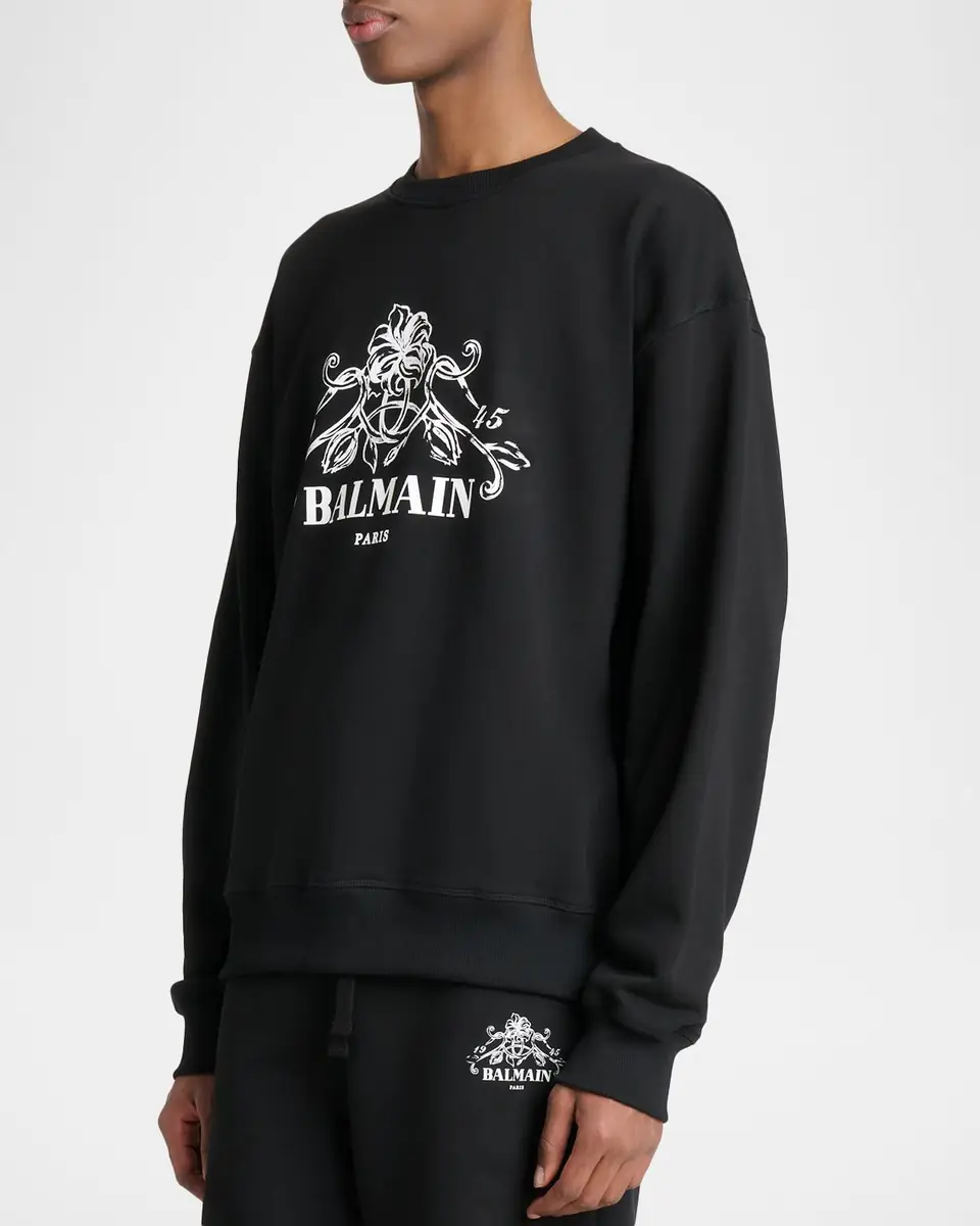 Balmain Men's Floral Logo Crest Crewneck Sweatshirt | Thumbnail 4 Balmain Men's Floral Logo Crest Crewneck Sweatshirt | Thumbnail 4