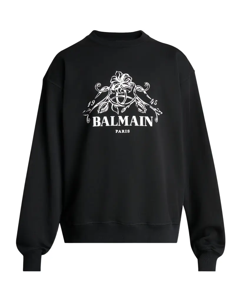 Balmain Men 's Floral Logo Crest Crewneck Sweatshirt | Image 1 Balmain Men 's Floral Logo Crest Crewneck Sweatshirt | Image 1
