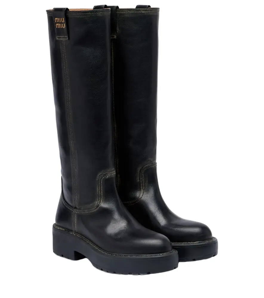 Miu Miu Logo leather knee-high boots | Image 1 Miu Miu Logo leather knee-high boots | Image 1
