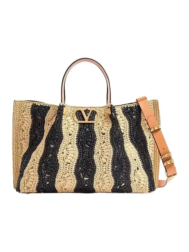 Women's Medium Raffia Shopping Bag with Wave Motif - Natural Black Women's Medium Raffia Shopping Bag with Wave Motif - Natural Black