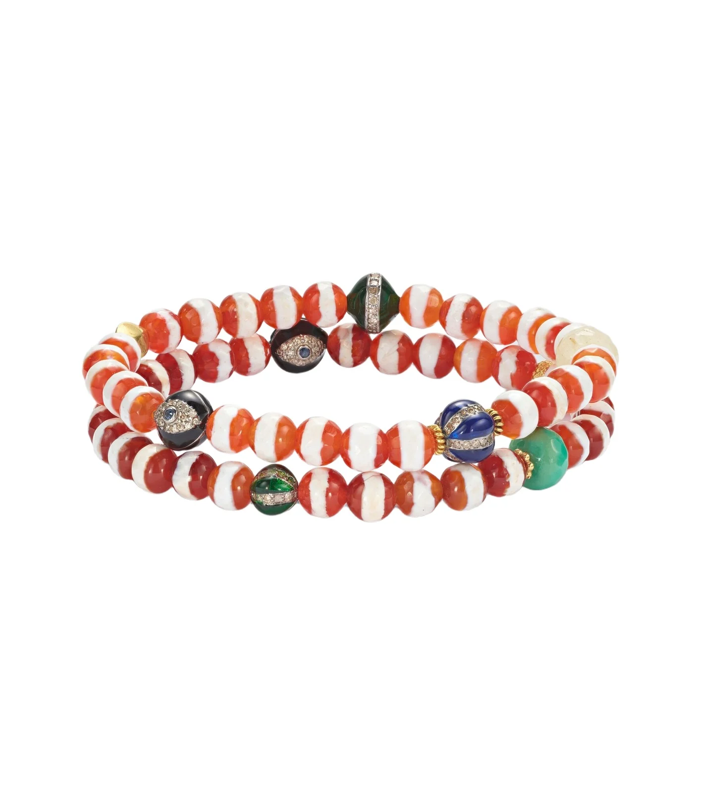 Set of 2 18kt gold and sterling silver beaded bracelets with gemstones