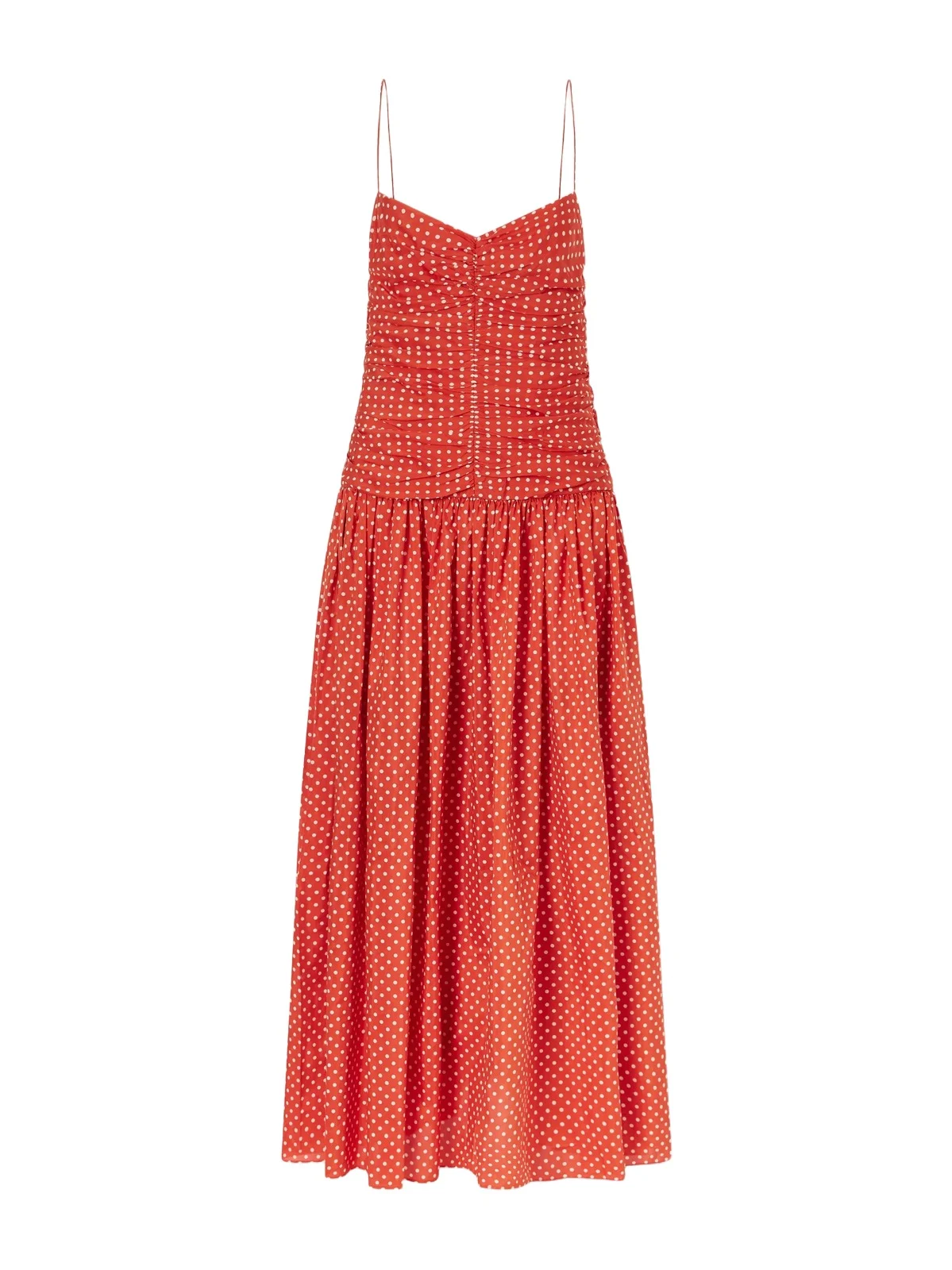Gathered Polka-dot Organic Cotton And Silk-blend Midi Dress