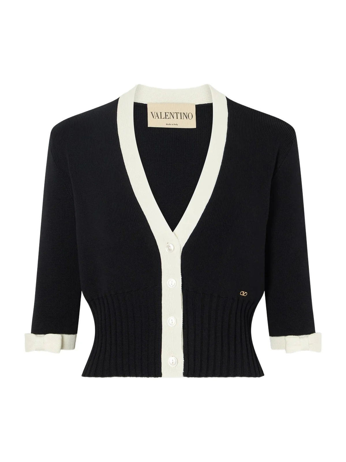 Cropped Bow-embellished Two-tone Ribbed-knit Cotton Cardigan Cropped Bow-embellished Two-tone Ribbed-knit Cotton Cardigan