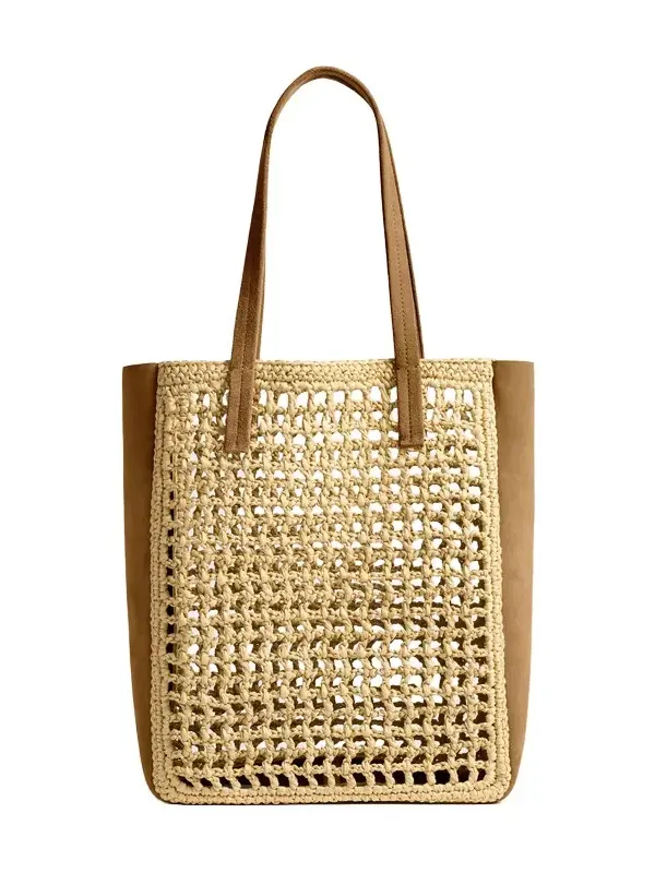 Small Zoe Tote In Natural Raffia With Mud Suede Small Zoe Tote In Natural Raffia With Mud Suede