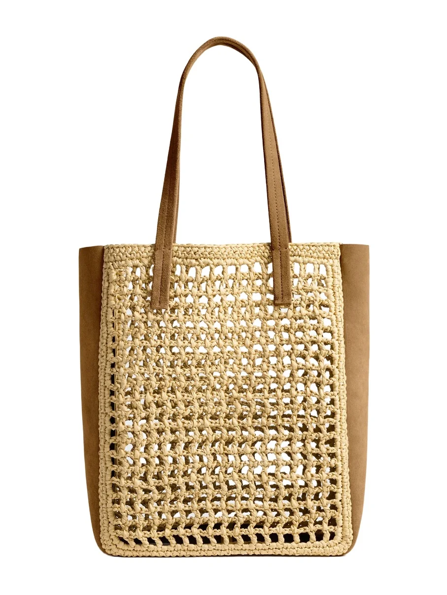 Small Zoe Tote In Natural Raffia With Mud Suede Small Zoe Tote In Natural Raffia With Mud Suede