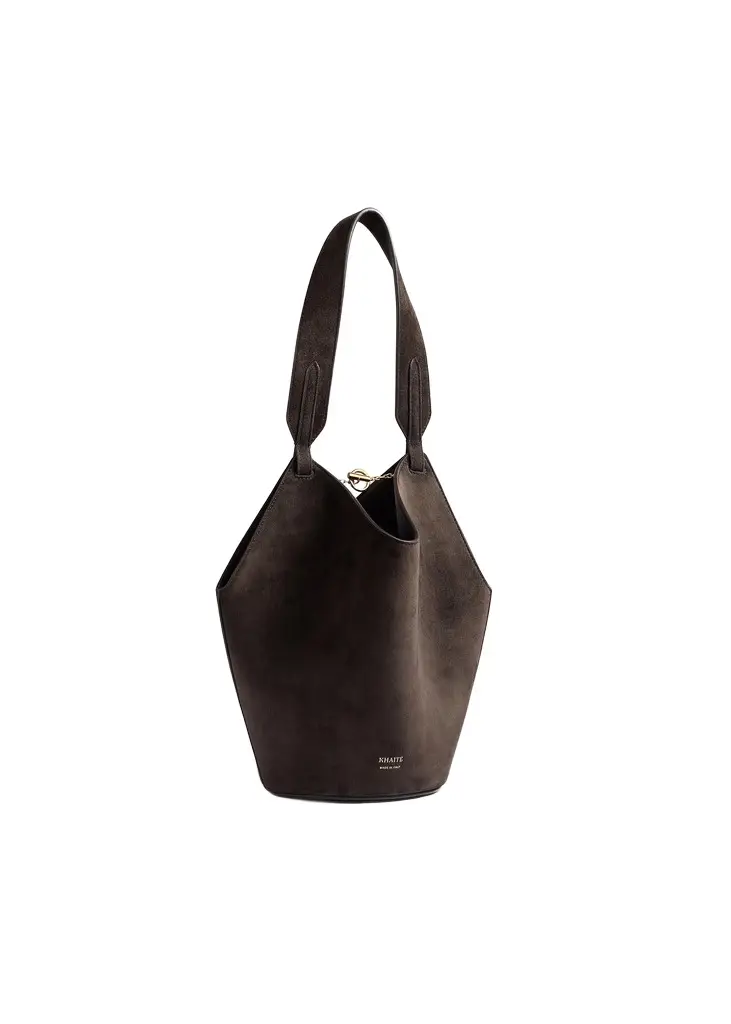 Khaite Mini Lotus Tote In Dark Brown Suede | Image 1 Khaite Mini Lotus Tote In Dark Brown Suede | Image 1