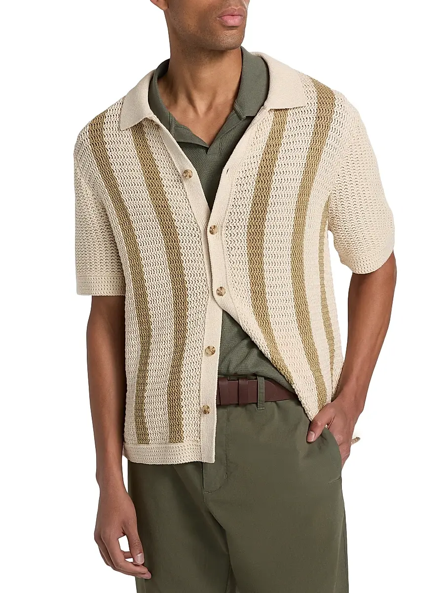 Vince Men's Crochet Striped Cotton Shirt | Thumbnail 3 Vince Men's Crochet Striped Cotton Shirt | Thumbnail 3