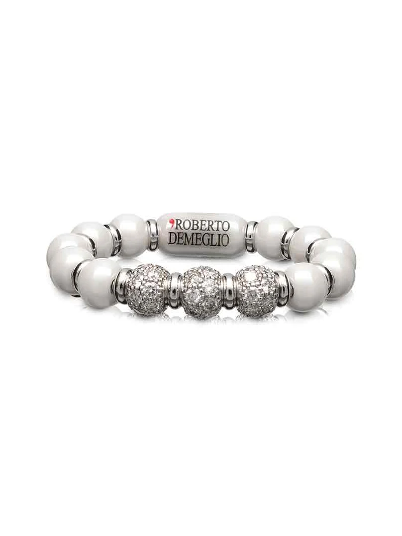 Three Diamond White Bead Stretch Sfera Ring