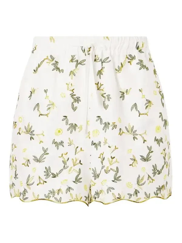 Elena Floral-embroidered Linen Drawstring Shorts Elena Floral-embroidered Linen Drawstring Shorts