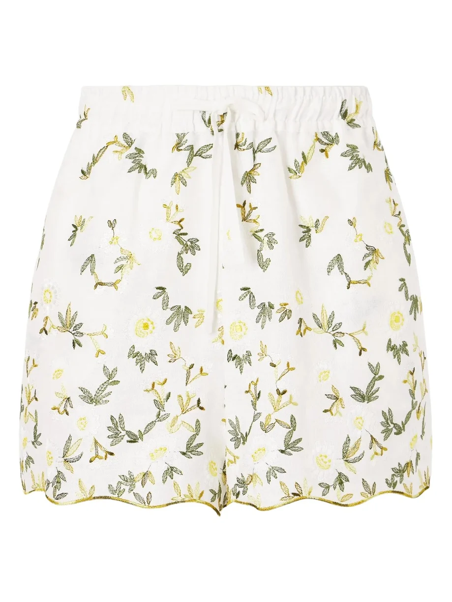Elena Floral-embroidered Linen Drawstring Shorts Elena Floral-embroidered Linen Drawstring Shorts