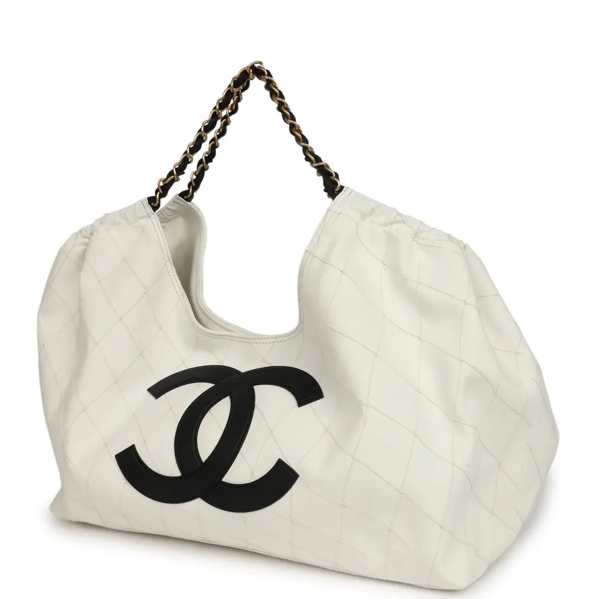 Chanel Chanel Maxi Coco Beach Cambon Hobo Bag White Denim and Black Calfskin Brushed Gold Hardware | Thumbnail 5 Chanel Chanel Maxi Coco Beach Cambon Hobo Bag White Denim and Black Calfskin Brushed Gold Hardware | Thumbnail 5