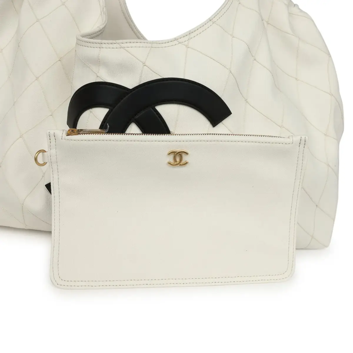 Chanel Chanel Maxi Coco Beach Cambon Hobo Bag White Denim and Black Calfskin Brushed Gold Hardware | Thumbnail 7 Chanel Chanel Maxi Coco Beach Cambon Hobo Bag White Denim and Black Calfskin Brushed Gold Hardware | Thumbnail 7