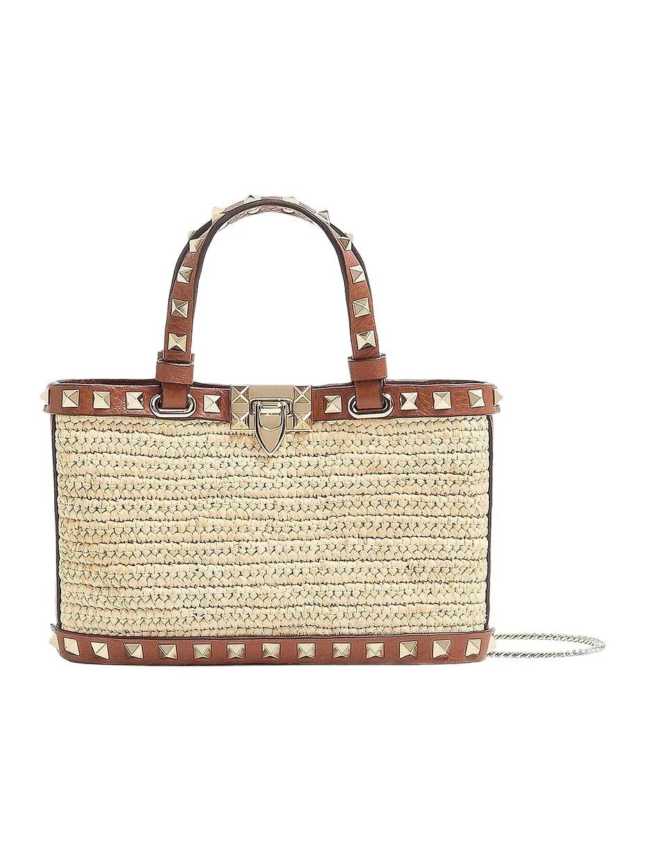 Women's Mini Rockstud Top Handle Bag in Raffia - Natural