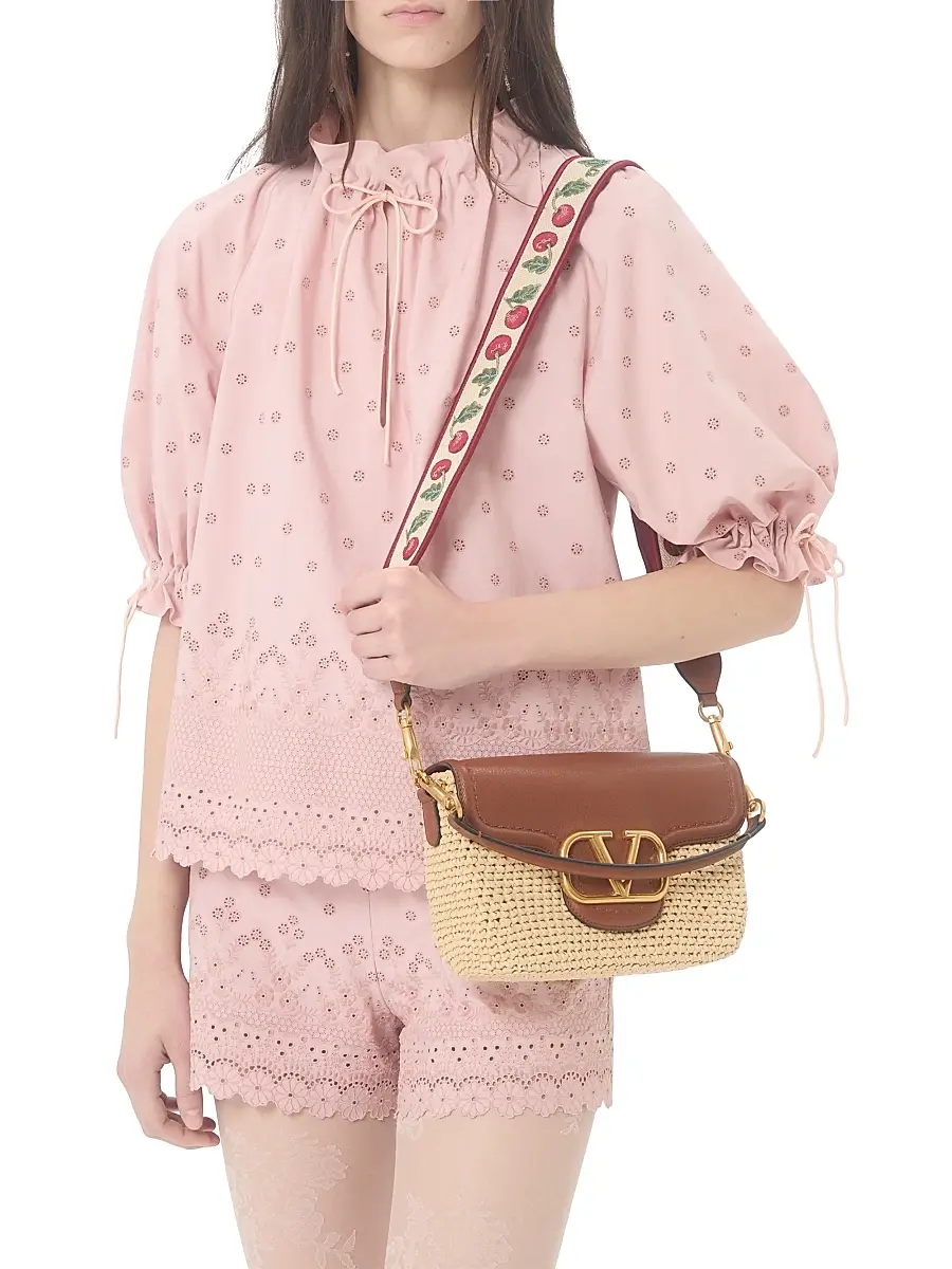 Valentino Women's All time Shoulder Bag in Raffia and Grainy Calfskin - Saddle Brown | Thumbnail 3