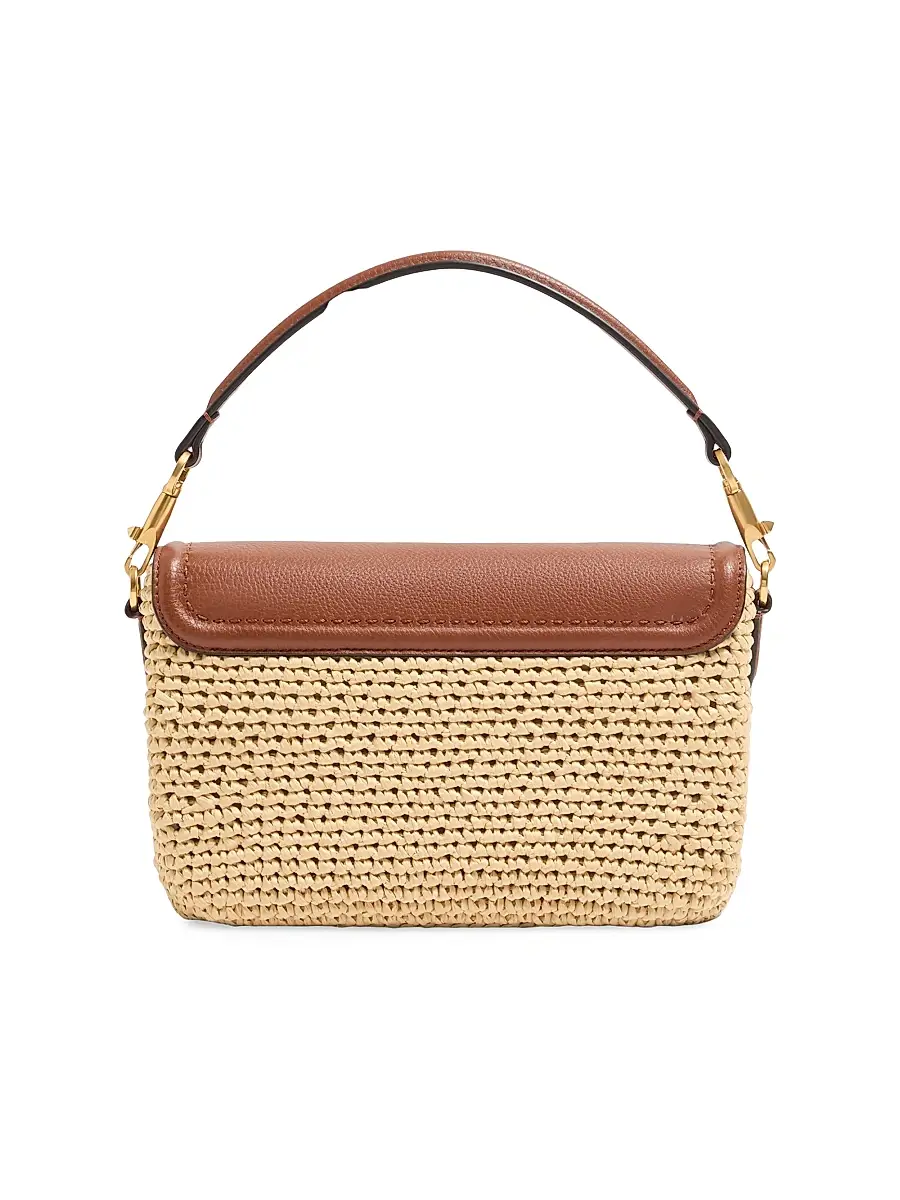 Valentino Women's All time Shoulder Bag in Raffia and Grainy Calfskin - Saddle Brown | Thumbnail 4