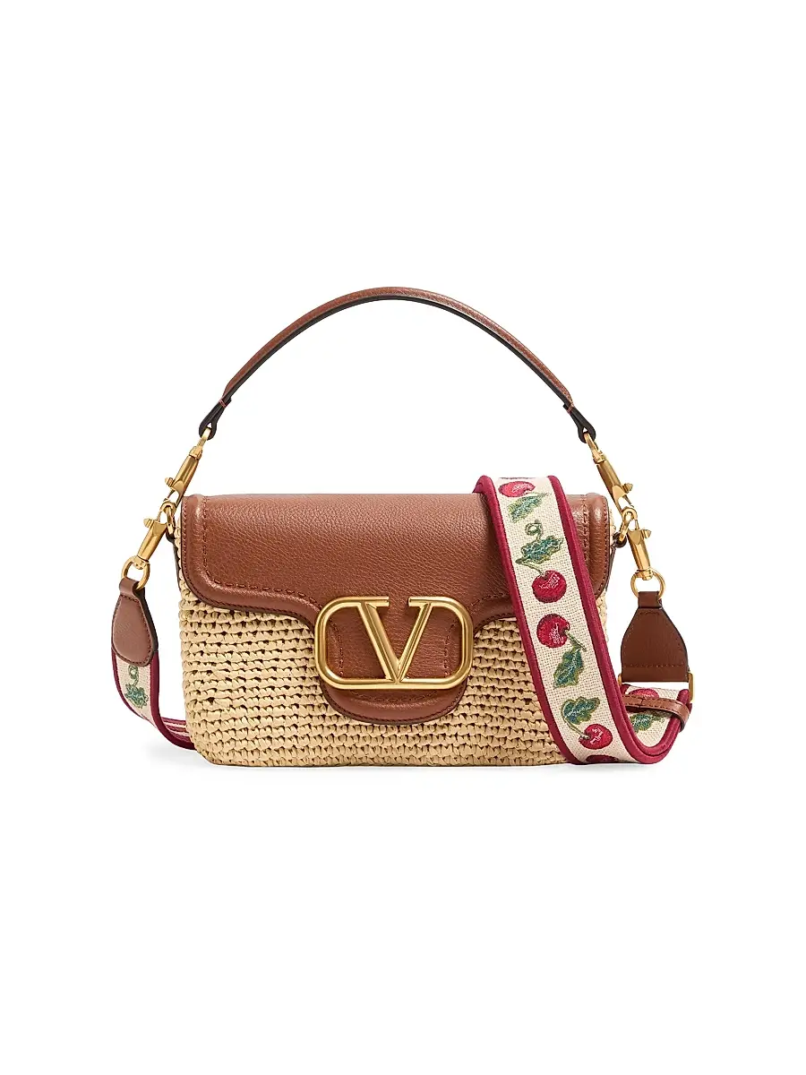 Valentino Garavani Women's All time Shoulder Bag in Raffia and Grainy Calfskin - Saddle Brown | Image 1 Valentino Garavani Women's All time Shoulder Bag in Raffia and Grainy Calfskin - Saddle Brown | Image 1