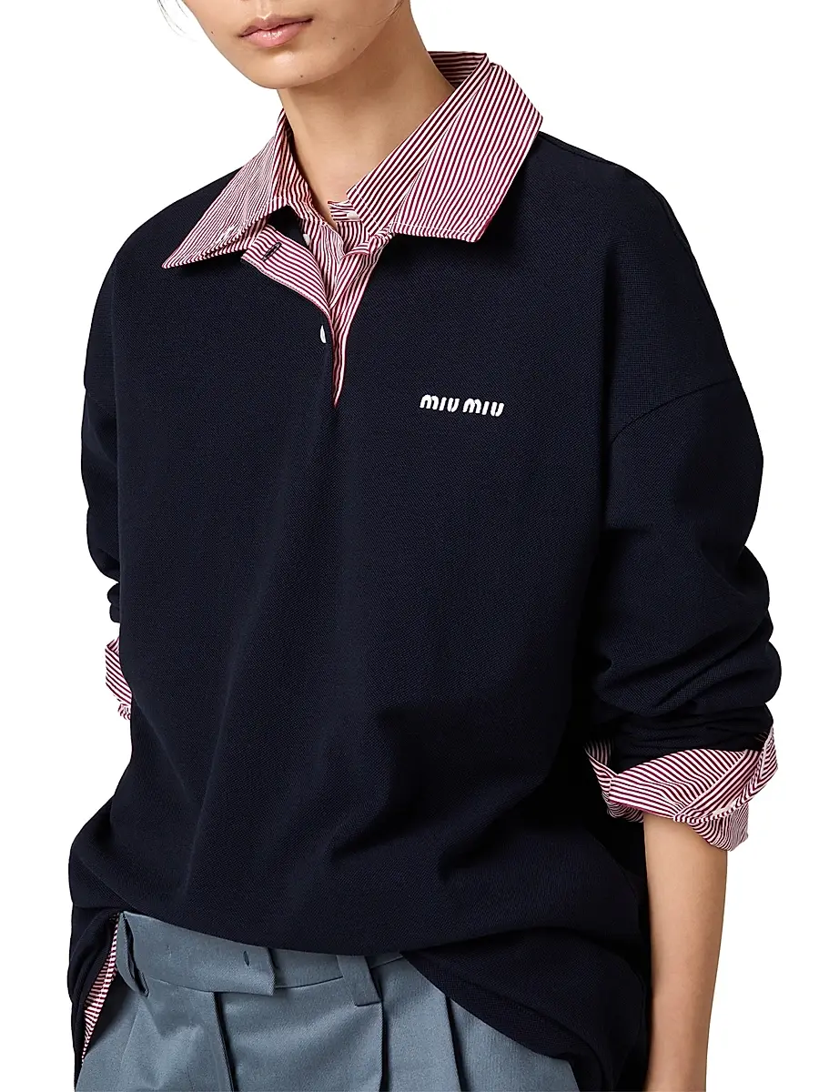 Miu Miu Women's Cotton Piqué Polo Shirt - Dark Blue | Thumbnail 5 Miu Miu Women's Cotton Piqué Polo Shirt - Dark Blue | Thumbnail 5